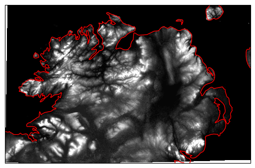 a black and white elevation map of Northern Ireland, with coastlines shown in red.