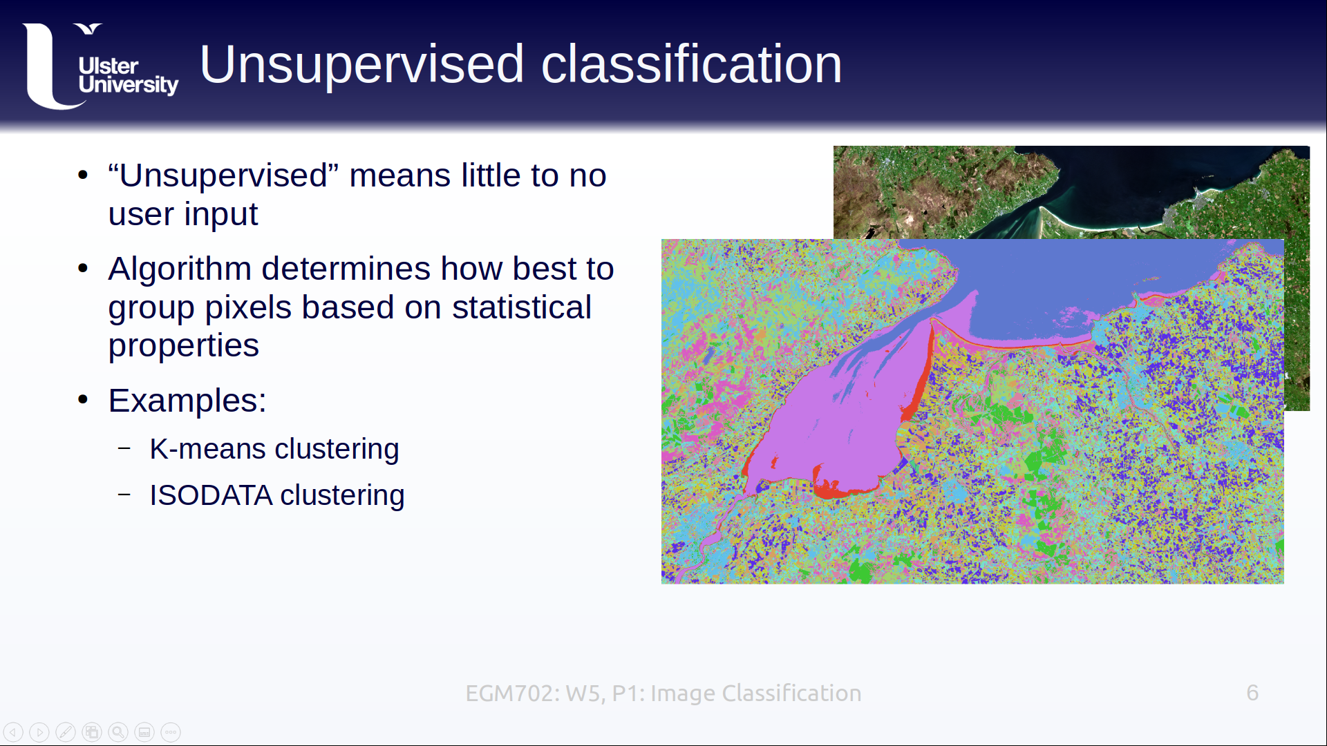 a slide explaining unsupervised classification, including different algorithms